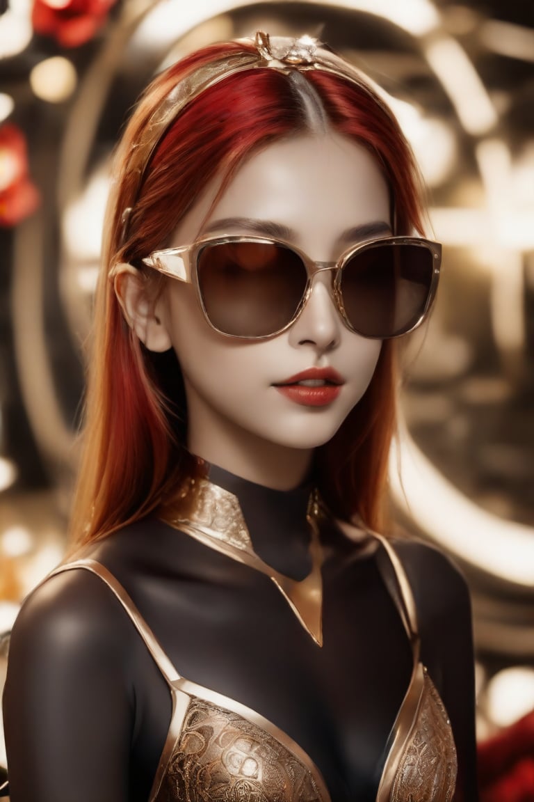 The image depicts a portrait of a person with stylized features.A German girl in dark Orange and red and light silver,her eyes wearin a futuristic sun glasses algorithmic artistry, high resolution. The background is blurred with hints of gold tones, which serve to highlight the subject without distracting from the intricate details of the jewelry and makeup.,1girl,Supreme