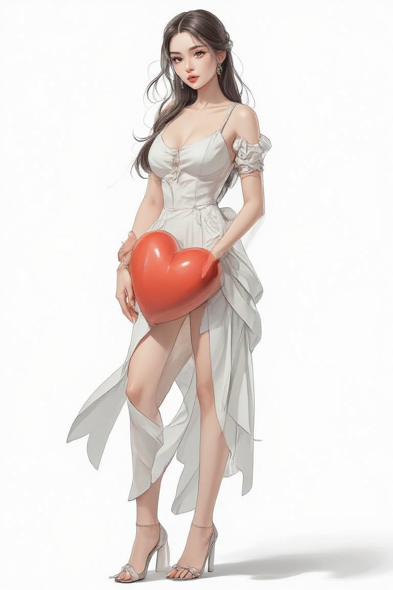 In a breathtaking drawing, a medieval assassin lady stands tall and charismatic, her slender yet athletic physique showcased in intricate detail. She offers a giant heart with both hands, symbolizing love's sacrifice. Her face exudes strong human emotions, with an open mouth, widened eyes, and a dynamic pose that fills the entire frame. The white background accentuates her figure, while the medieval outfit adds a touch of mystique. Her long, thin fingers and detailed eye irises are meticulously rendered, drawing the viewer's attention to her emotional expression. The overall masterpiece is a stunning blend of cyberpunk and medieval elements, making it a gorgeous and trending work of art.