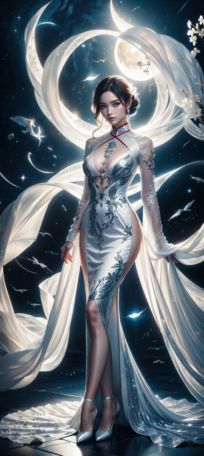 Japanese comics, light color, masterpiece, bottom up shot/angle, boutique, aesthetic, (1girl, solo, cheongsam, white long hair, single braid,) , (model picture), (full body), perfect legs, perfect hands, Vietnamese martial arts master, fighting stance, beautiful boy, night, moon starry sky, Milky Way starry sky watercolor background \(center\), very detailed, lens flare, glass art, glitter, glint, light, midjourney portrait,girl,CLOUD,FuturEvoLabFlame,FuturEvoLabLightning,Thunder Flash,Lightning aura,lass,blue eyes,short hair,amagi_hiiro,taniguchi, Enhance,ao dai