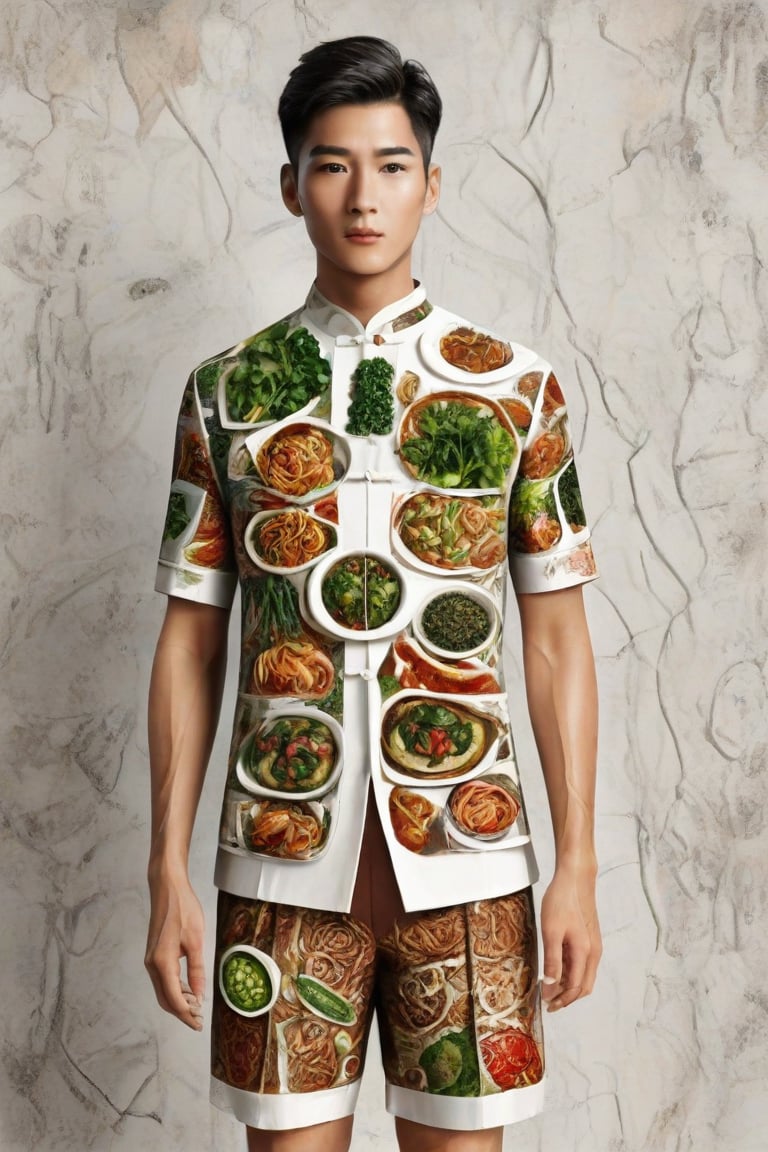 The image is an artistic representation of a male figure wearing a unique outfit. The outfit is a shirt and shorts that are designed to resemble a variety of the  Vietnamese white noodles, vegetables, meat, and sauces, arranged in a pattern that covers the entire garment. The figure is standing against a plain background with a textured appearance. Notable features include the detailed depiction of the food items on the clothing and the signature of the artist at the bottom right corner. The overall impression is one of creativity and fashion, blending the concept of clothing with culinary art.,Enhanced Realistic,Pho