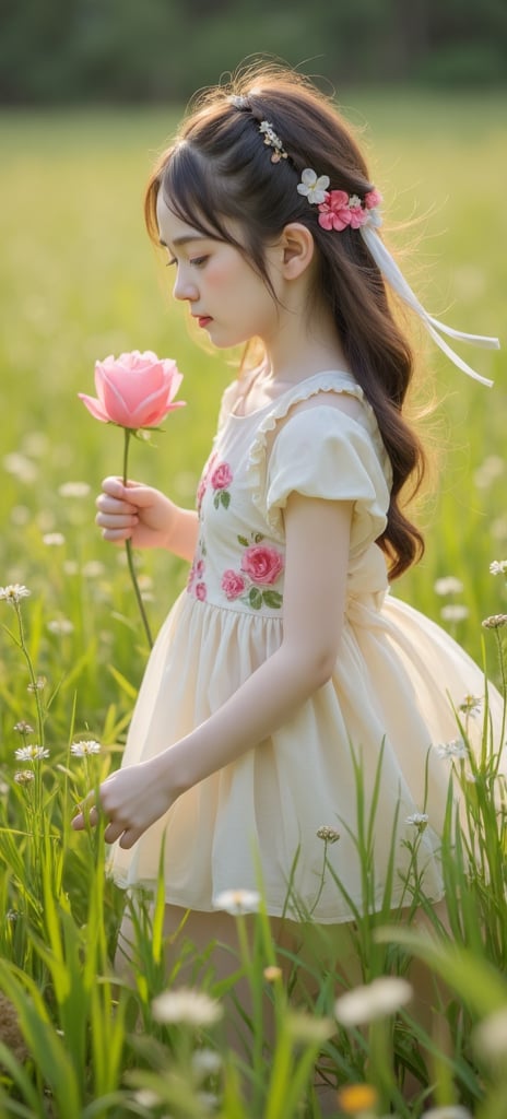 Ultra HD cinematography captures the tender moment: a young girl,  adorned in a flowing soft floral dress,  gently grasps...