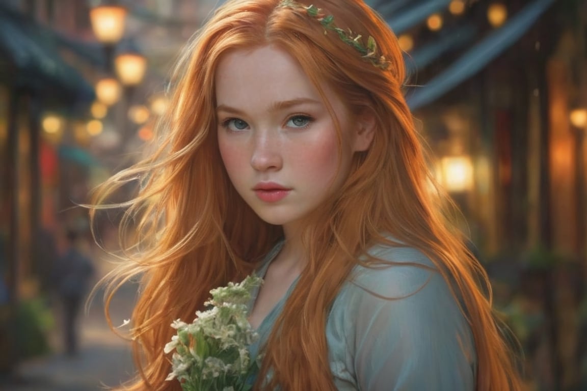 A breathtakingly beautiful portrait of a cute young girl with very long reddish-blonde hair. She possesses an adorable face and a captivating figure, making her the embodiment of perfection. The artwork is intricately detailed, taking inspiration from famous artists such as Renoir, Sorolla, Degas, and Manet, while also drawing from Studio Ghibli's enchanting style. This mesmerizing image is brought to life with stunning cinematic lighting, resulting in an incredibly vivid and atmospheric scene. Collaborated by talented artists Krenz Cushart, Ashley Wood, Charlie Bowater, and Craig Mullins, the artwork showcases impeccable accuracy and detailing throughout, making it a standout piece that captures everyone's attention on platforms like ArtStation and trends online.,Vietgirl