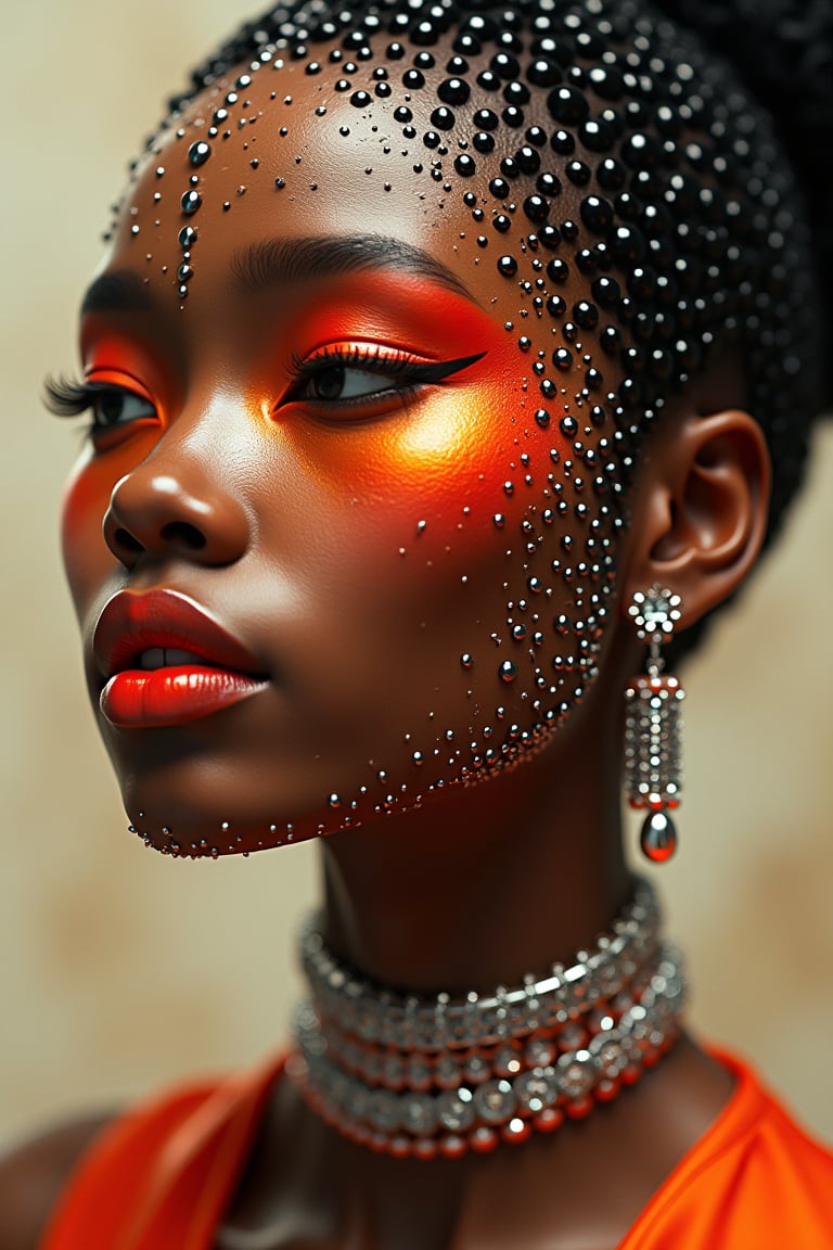 Drawing style portrait of a person with stylized features. The a woman wears and wears black dots on her head, in the style of futuristic fantasy, 3d, metallic sculpture, elegant, emotive faces, dark Orange and red and light silver, The background is blurred with hints of gold tones, which serve to highlight the subject without distracting from the intricate details of the jewelry and makeup.,1girl,Supreme,