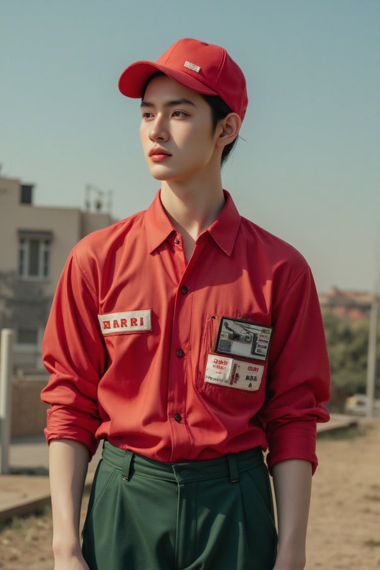 masterfully fuses human identity with technology, resulting in an otherworldly and captivating portrait. The subject, a young man dressed in a red baseball cap, a red collared shirt, and a green pants in style of a repairman.,hot body