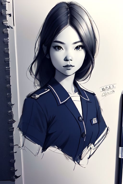 Wonder of Art and Beauty, Ani_Uni, Sketch drawing,  dessin,  masterpiece, high quality,  1girl,  wear navy uniform, super detail.,SGBB, monochrome 