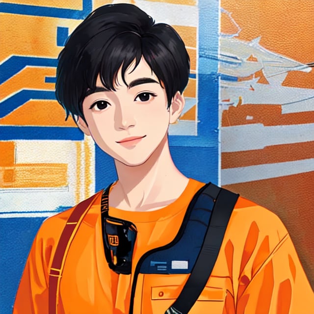 solo, looking at viewer, smile, short hair, shirt, black hair, 1boy, closed mouth, upper body, male focus, solo focus, black eyes, pocket, realistic, breast pocket, orange shirt, orange jacket,2D Flat Illustration