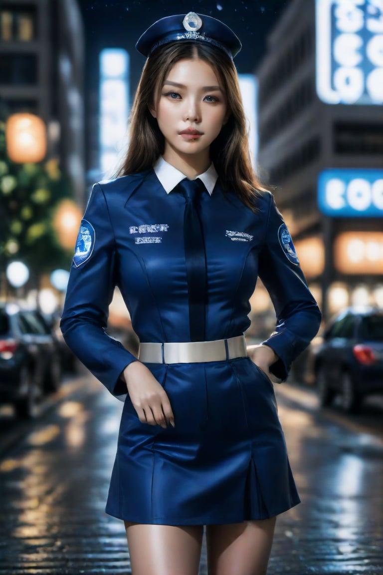 . The woman in the image has a confident posture and her attire suggests she may be portraying a character with authority or a law enforcement role. Her face in the image iss verry detaild, The badge on her sleeve indicates a connection to a police force or similar organization. The setting appears to be urban at night, providing a contrasting backdrop to her formal attire. The lighting accentuates her figure and the texture of her clothing. There is no additional context provided within the image itself to suggest a story or background.,Enhanced Realistic,Green Fashion 