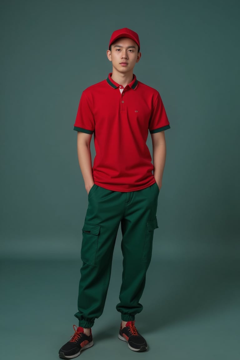 masterfully fuses human identity with technology, resulting in an otherworldly and captivating portrait. The subject, a young man dressed in a red baseball cap, a red collared shirt, and a green pants in style of a repairman.,hot body