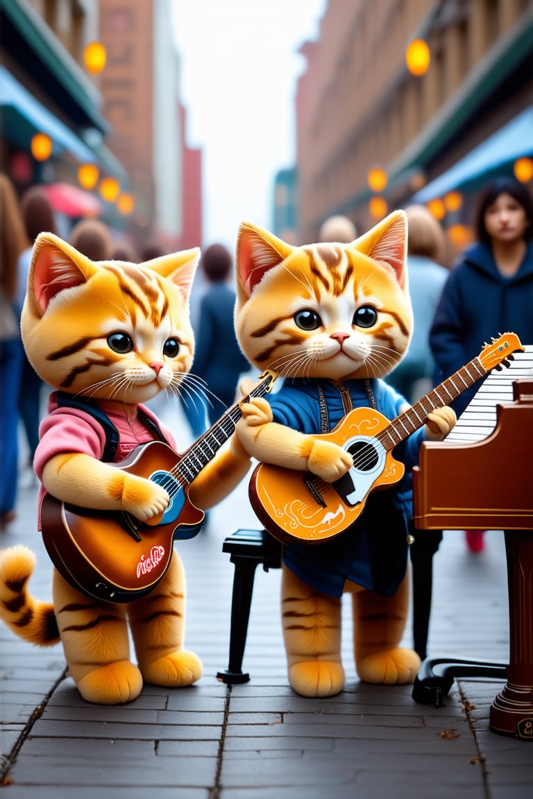 Two kittens, wearing casual clothes,they are playing guitars on a crowded street,one is playing piano,they play the musical instrument as if they were real human, others pass them by,plush doll art,photo by Sony A7R5, shot on 35mm,imitated material --ar 3:4 --s 250