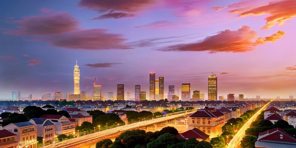 (art by wlop and greg rutkowski and artgerm, trending on artstation), Hanoi city, viewed from above, dazzles with a mesmerizing tapestry of towering skyscrapers, glistening with city lights. Busy streets, wind through the urban landscape, Traffic flows like a circulatory system, connecting neighborhoods, and bridges span across shimmering rivers, carrying the pulse of a bustling metropolis. The city's skyline, a testament to human innovation, blends the architectural with the natural, creating a stunning mosaic of the contemporary world., 