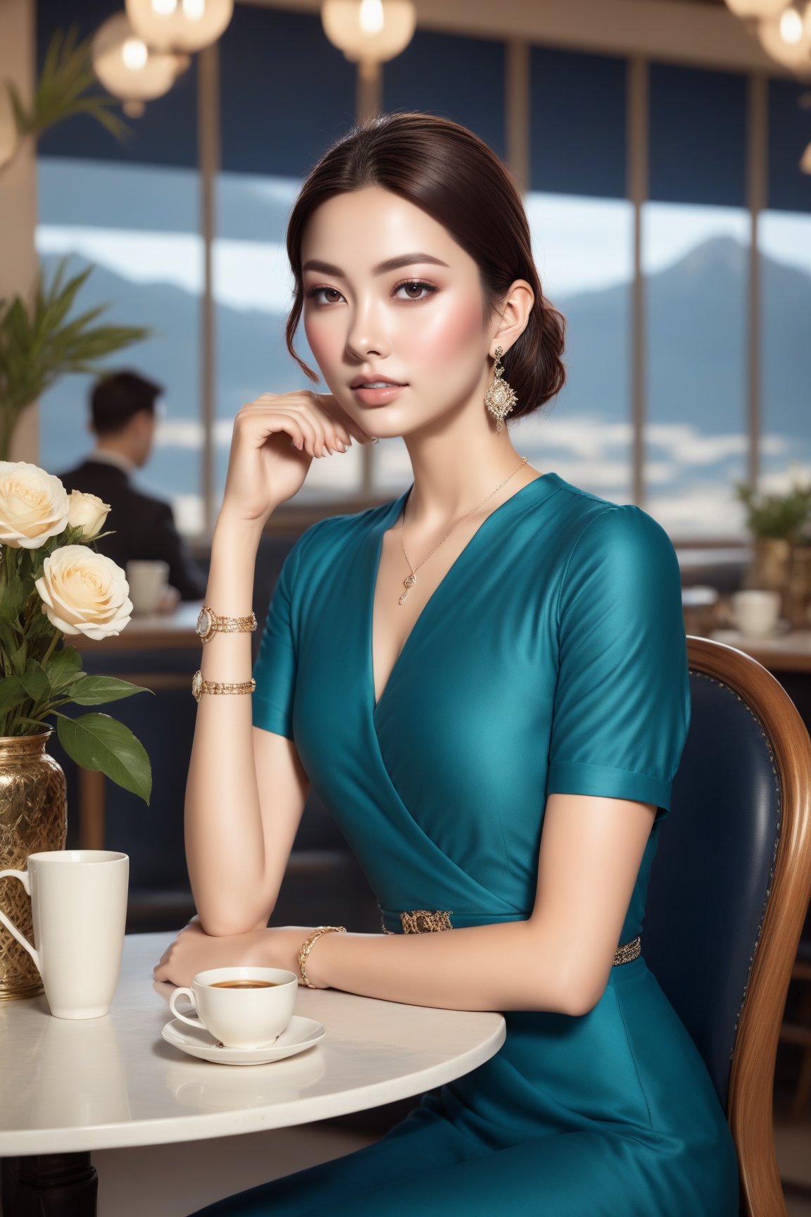 Hyper-Realistic photo of a girl sitting in a luxurious cafe,20yo,1girl,perfect female form,perfect body proportion,perfect anatomy,[Rose Gold,Deep Navy,Mint Green color],elegant dress,detailed exquisite face,soft shiny skin,smile,mesmerizing,disheveled hair,small earrings,necklaces,Louis Vuitton bag
BREAK
backdrop of a beautiful cafe,table,mountain view,coffee mug,people,(fullbody:1.2),(wideshot:1.2)
BREAK
(rule of thirds:1.3),perfect composition,studio photo,trending on artstation,(Masterpiece,Best quality,32k,UHD:1.4),(sharp focus,high contrast,HDR,hyper-detailed,intricate details,ultra-realistic,award-winning photo,ultra-clear,kodachrome 800:1.25),(chiaroscuro lighting,soft rim lighting:1.15),by Karol Bak,Antonio Lopez,Gustav Klimt and Hayao Miyazaki,photo_b00ster,real_booster,art_booster,kimtaeri-xl