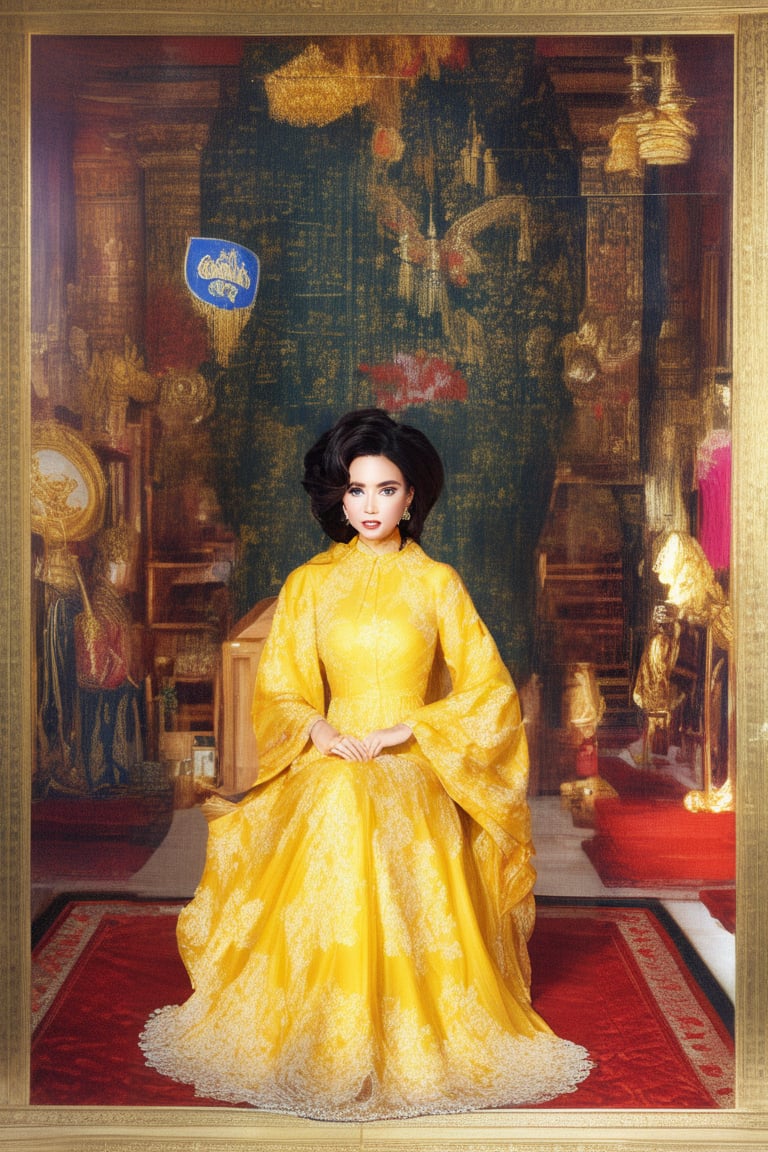 The Queen Mother of Vietnam in 1940, 50 years old, wore an ancient, yellow, luxurious outfit, in a room that exuded the nobility and authority of the dynasty, raw photo, realistic,Realistic Enhance