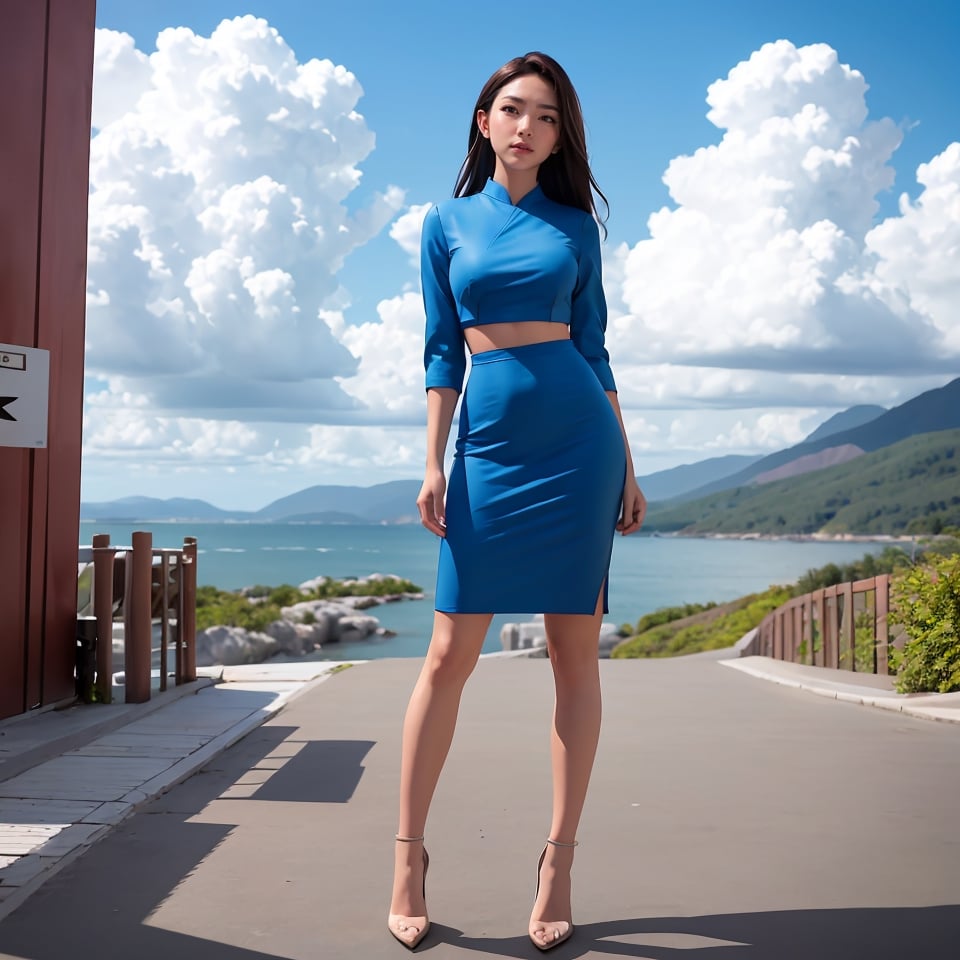 ((Full-Body Shot)),  long shot scenic professional photograph in corporate style. 1female hot model,  wearing ((blue elega...
