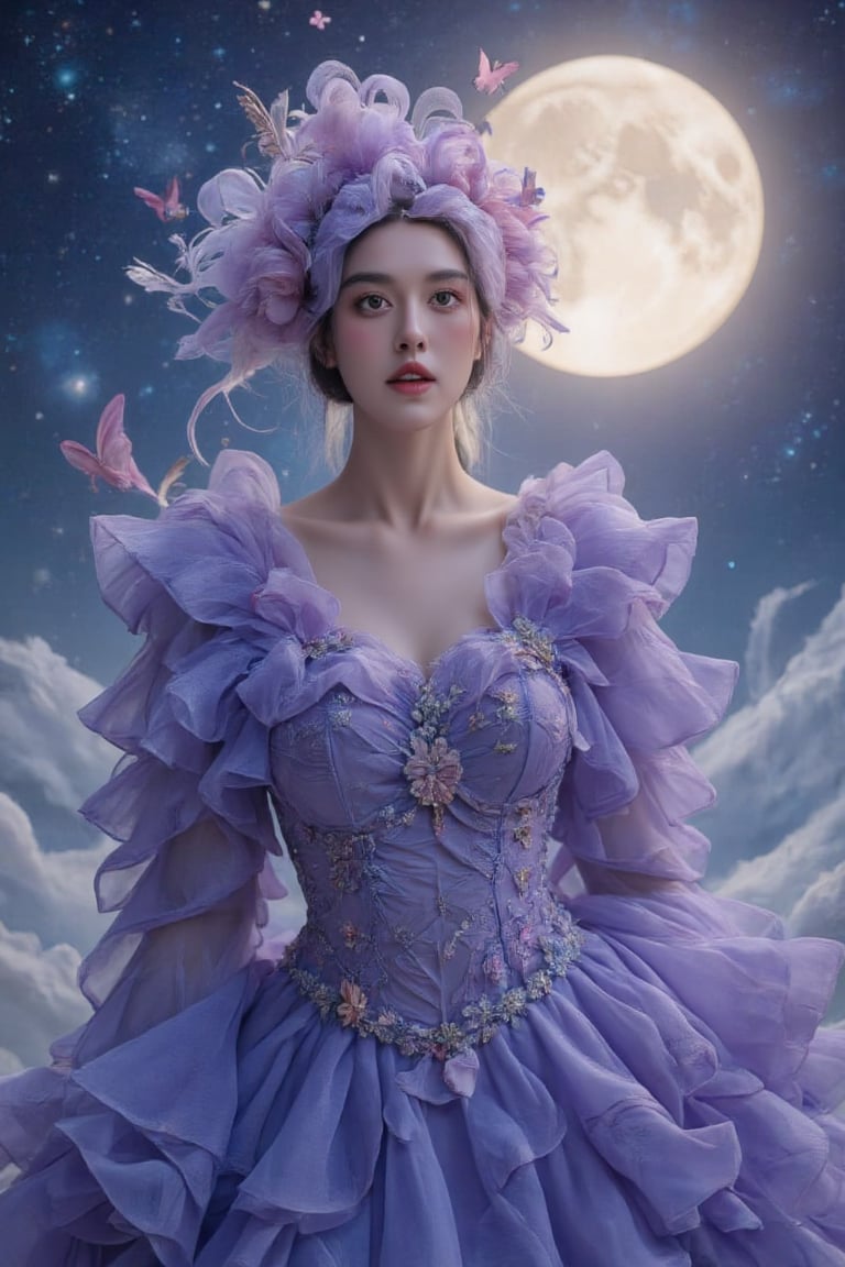 Here's a potential digital illustration based on your description:  -Title:- 'Moonlit Enchantress'  -Image:-  The illustration features a fantastical, ethereal woman standing against a backdrop of a large, glowing moon and a shimmering, starry night sea. Her hair flows like a river of purple, with intricate, delicate strands that seem to come alive in the moonlight.  She wears a stunning, ornate gown that's been meticulously designed to showcase her beauty and elegance. The gown is a deep, rich purple color, with intricate flower patterns and sparkling jewels that catch the light. Her headpiece is a masterpiece of complexity, with delicate, curved petals and glittering gemstones that seem to shimmer and shine.  Around her, a halo of light and butterflies creates a magical aura, as if she's conjuring up the very essence of the moon and sea. The moon above casts a soft, gentle glow over the scene, illuminating the waves and creating a sense of peace and tranquility.  -Color Palette:-  - Deep, rich purple for the hair and gown - Soft, shimmering blue for the moon and sea - Delicate, pale pink for the flowers and gemstones - Gold and silver for the jewelry and accents  -Style:-  The illustration is done in a highly detailed, realistic style, with a focus on capturing the beauty and elegance of the subject. The character is rendered in a lifelike way, with intricate textures and patterns that add depth and dimension to the image.  -Mood:-  The mood of the illustration is one of enchantment and mystery, capturing the essence of a magical, otherworldly moment. The subject's serene, ethereal expression and the dreamlike quality of the scene create a sense of wonder and awe, as if the viewer has stumbled upon a hidden, mystical world. 