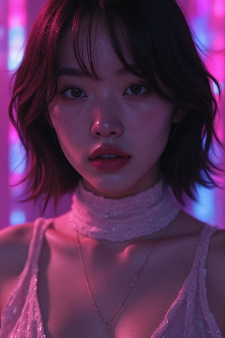 a close up of a woman wearing a shiny top and a choke, ross tran 8 k, glowing magical shiny skin, by Russell Dongjun Lu, beautiful digital artwork, brandon woelfel, ross tran style, bright cyberpunk glow, dreamy cyberpunk girl, artem demura beeple, cyberpunk vibes, in the style of ross tran, by Yanjun Cheng