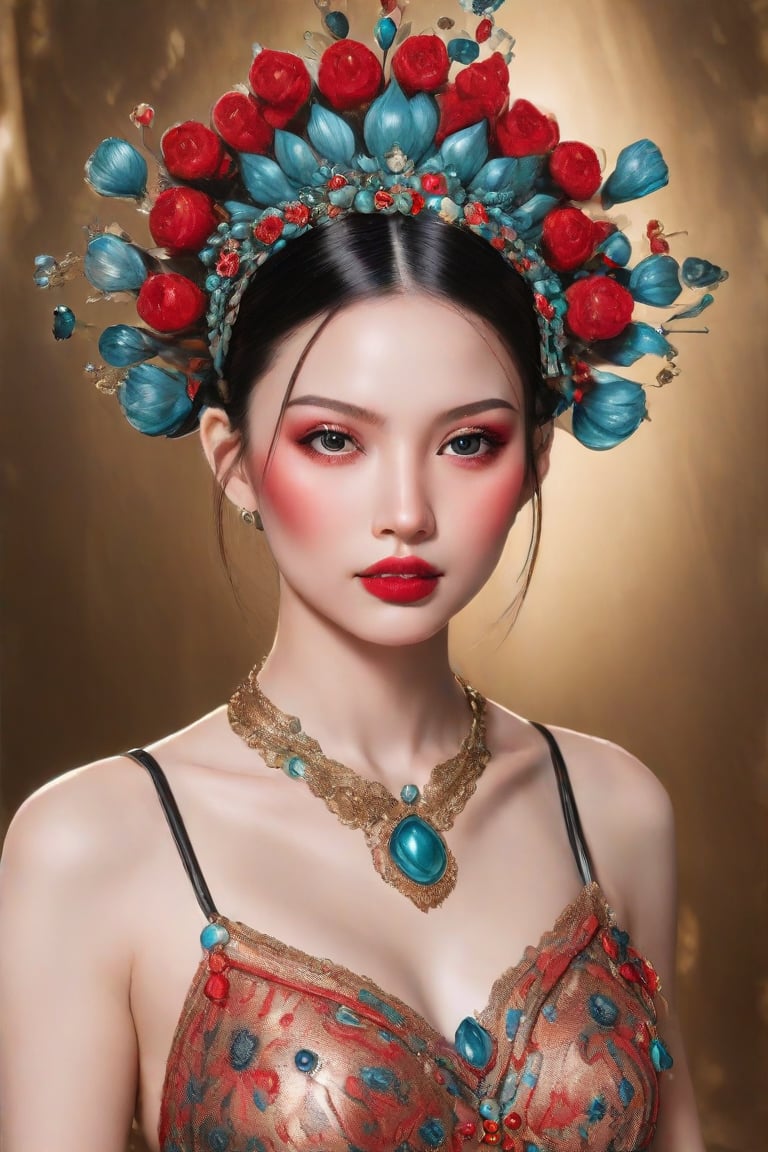 The image depicts a portrait of a person with stylized features. The individual has black hair styled in a bob cut and is adorned with an ornate headpiece featuring red and turquoise gem-like elements. The makeup is notable for its bold, red lipstick and subtle eye makeup, enhancing the person's contemplative expression. A detailed necklace with similar gem-like embellishments is visible, contributing to the overall aesthetic that suggests a blend of traditional and modern influences. The background is blurred with hints of gold tones, which serve to highlight the subject without distracting from the intricate details of the jewelry and makeup.