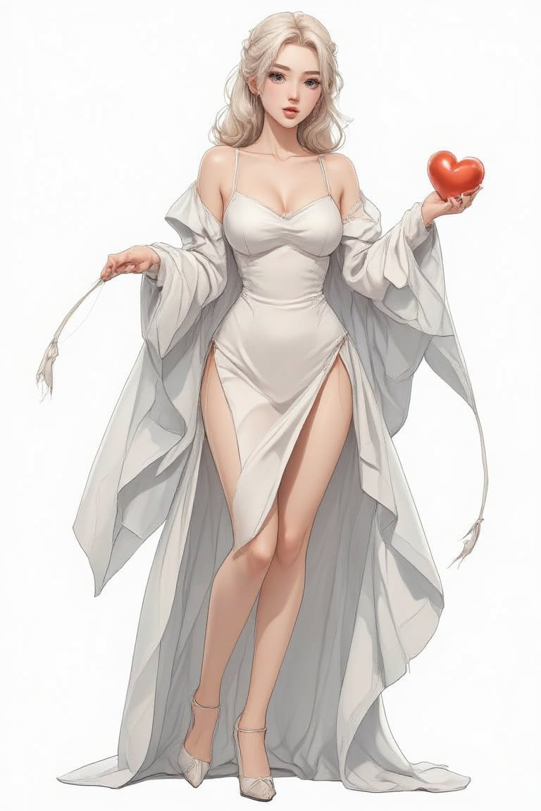 In a breathtaking drawing, a medieval assassin lady stands tall and charismatic, her slender yet athletic physique showcased in intricate detail. She offers a giant heart with both hands, symbolizing love's sacrifice. Her face exudes strong human emotions, with an open mouth, widened eyes, and a dynamic pose that fills the entire frame. The white background accentuates her figure, while the medieval outfit adds a touch of mystique. Her long, thin fingers and detailed eye irises are meticulously rendered, drawing the viewer's attention to her emotional expression. The overall masterpiece is a stunning blend of cyberpunk and medieval elements, making it a gorgeous and trending work of art.