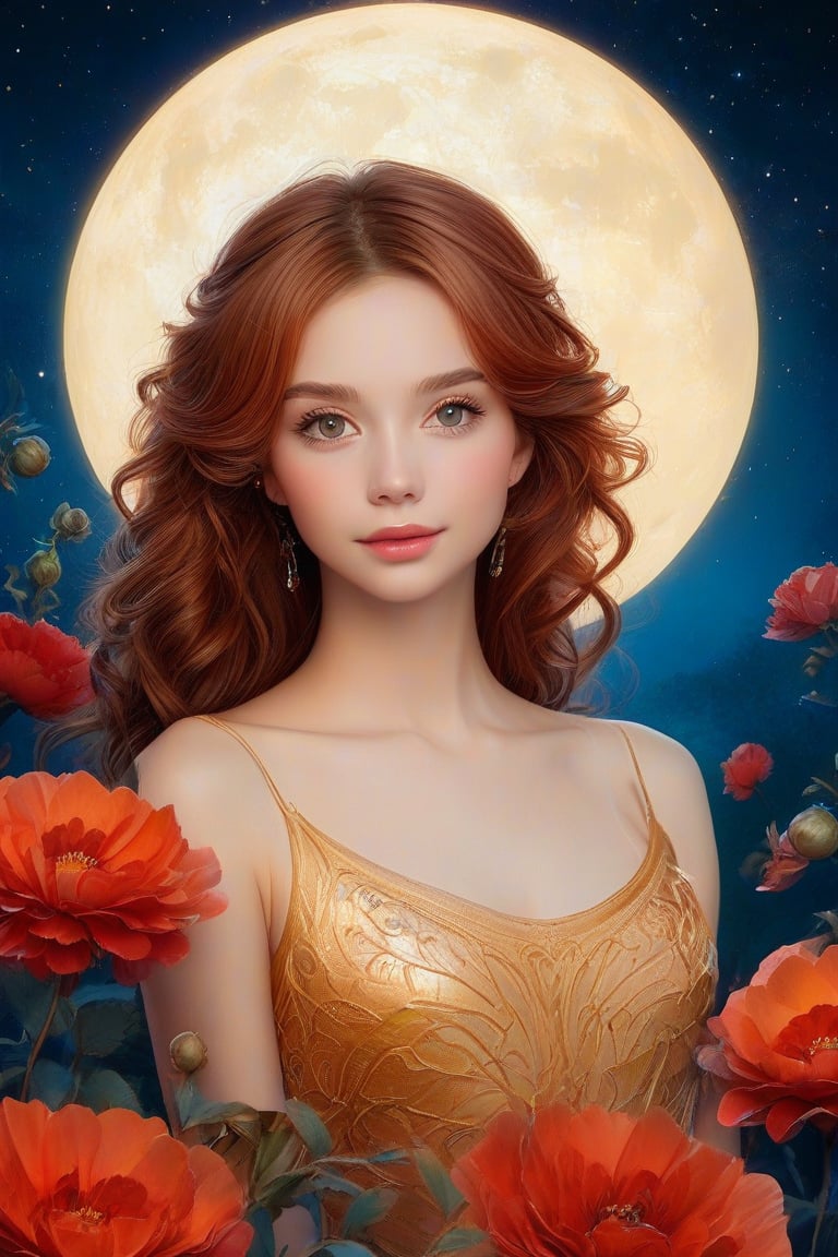 (1girl, face focus, medium shot, gracefully, golden petals and red flowers form intricate patterns against the backdrop of the moon, reminiscent of the styles of Yoann Lossel, Cyril Rolando, Nan Goldin, Lee Bontecou, and Loish), Detailed texture, High quality, High resolution, High precision, Realism, Color correction, Proper lighting settings, Harmonious composition, Behance Works,detail-rendering,Watercolor,Realistic Enhance,redhead,Elite