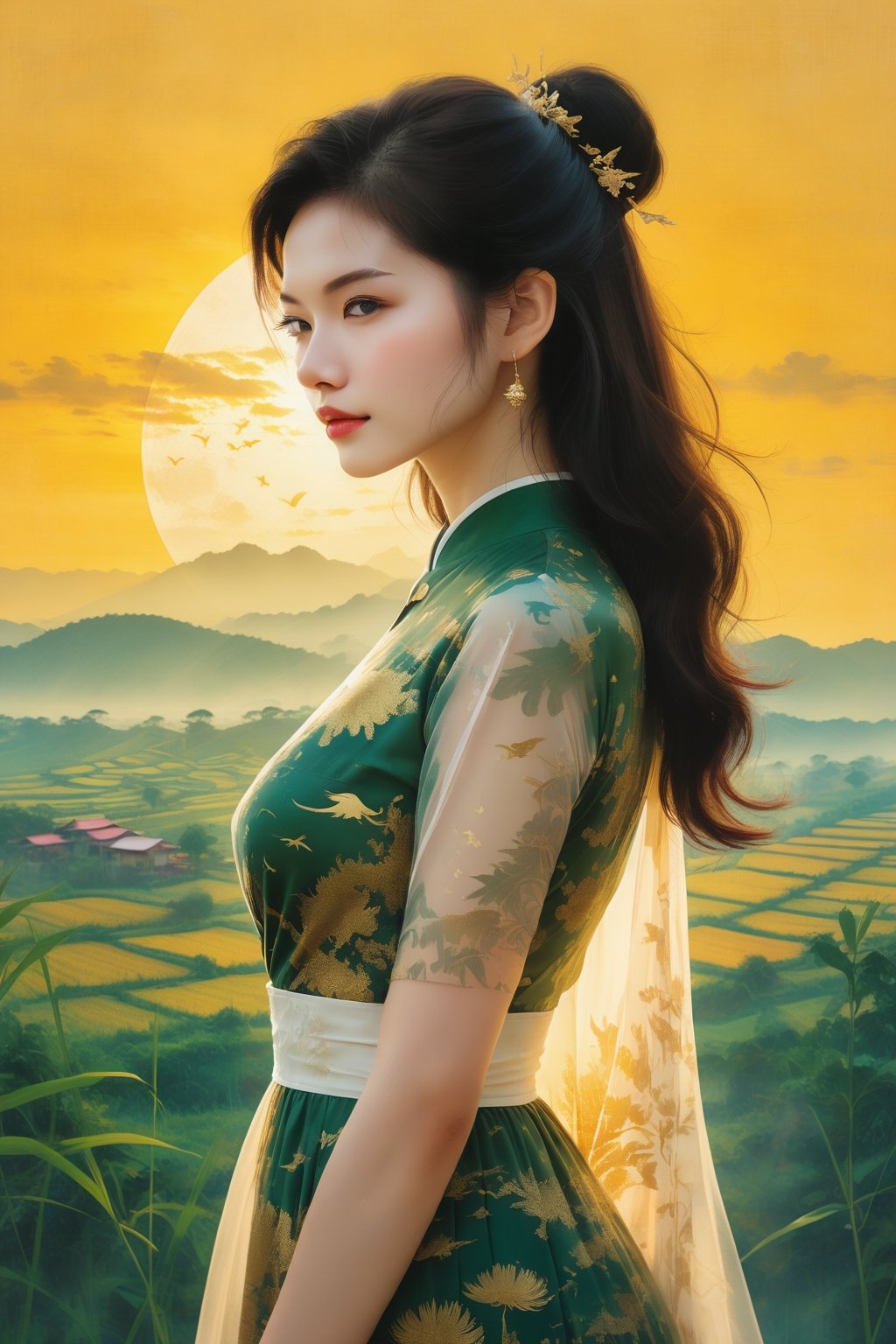 a photograph of a double exposure of a young white skin Vietnamese woman standing in front of a countryside skyline, her silhouette filled with the intricate details of sigital illustrations. The Vietnamese symbols matched her dress, transforming her into a patriot goddess with the concrete jungle at her command.,Replay1988,Melody,Perfect skin,Wonder of Beauty,Slender body