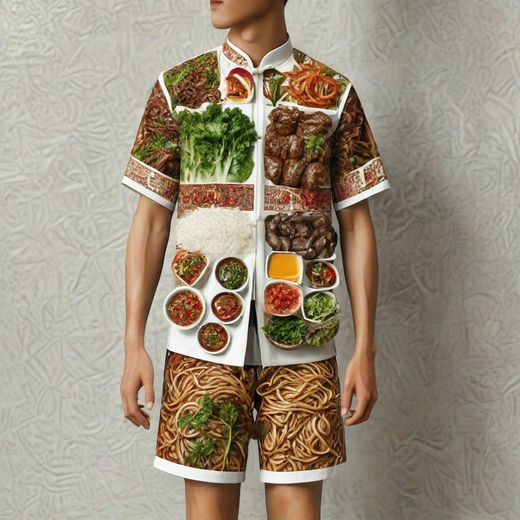 The image is an artistic representation of a male figure wearing a unique outfit. The outfit is a shirt and shorts that are designed to resemble a variety of the  Vietnamese white noodles, vegetables, meat, and sauces, arranged in a pattern that covers the entire garment. The figure is standing against a plain background with a textured appearance. Notable features include the detailed depiction of the food items on the clothing and the signature of the artist at the bottom right corner. The overall impression is one of creativity and fashion, blending the concept of clothing with culinary art.,Enhanced Realistic,Pho