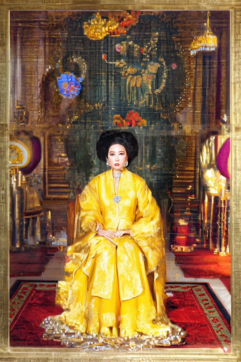 The Queen Mother of Vietnam in 1940, 50 years old, wore an ancient, yellow, luxurious outfit, in a room that exuded the nobility and authority of the dynasty, raw photo, realistic,Realistic Enhance,Unique Masterpiece