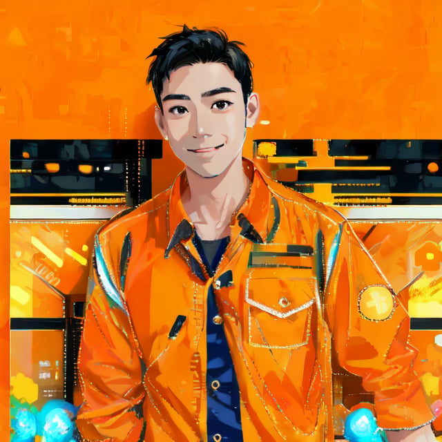 solo, looking at viewer, smile, short hair, shirt, black hair, 1boy, closed mouth, upper body, male focus, solo focus, black eyes, pocket, realistic, breast pocket, orange shirt, orange jacket,2D Flat Illustration