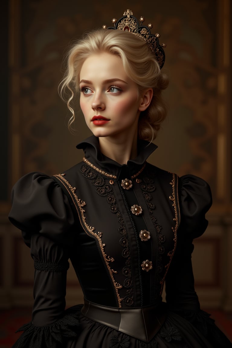 Elegantism, opulent scene, full portrait of a Victorian lady, heroic, black clothes, gold trim, castle, head and shoulders portrait, 8k resolution. (masterpiece, top quality, best quality, official art, beautiful and aesthetic:1.2), (1girl:1.4), upper body, blonde hair, portrait, extreme detailed, ,Leonardo Style,DonMF41ryW1ng5XL