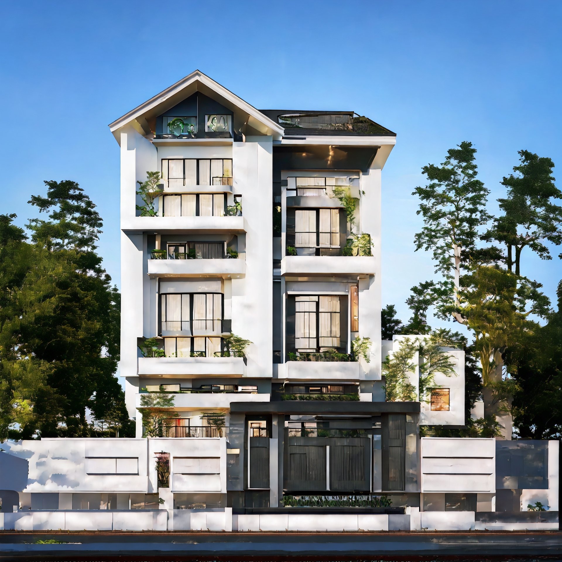 (best quality, masterpiece, high_resolution:1.5), a house town in Hanoi, Vietnam with wonderful and luxury exterior designing by Zaha Hadid. Black and golf are main colors