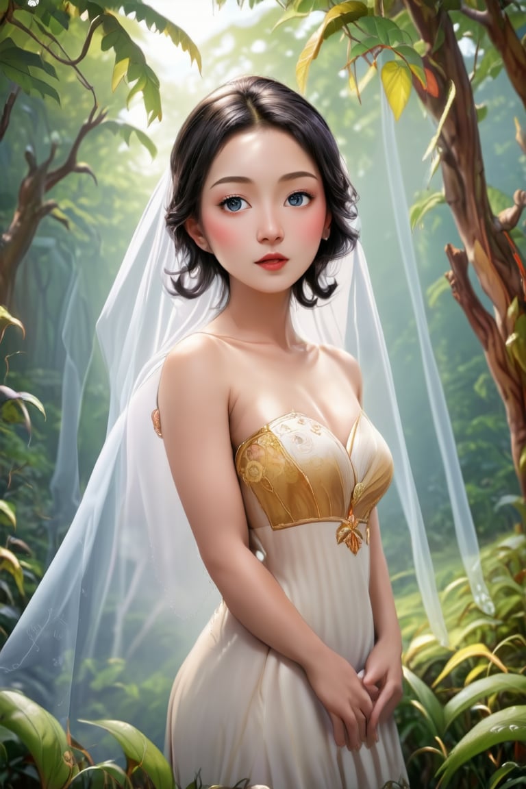 Truly Asian Beauty stands serenely amidst the mystical Indochinese forest, her porcelain skin glowing with a soft, ethereal light that weaves through the misty veil. Her delicate features are bathed in the warm, golden radiance, as if kissed by the gentle morning sun.,Indochina,Enhanced Realistic,Vietnam Beauty