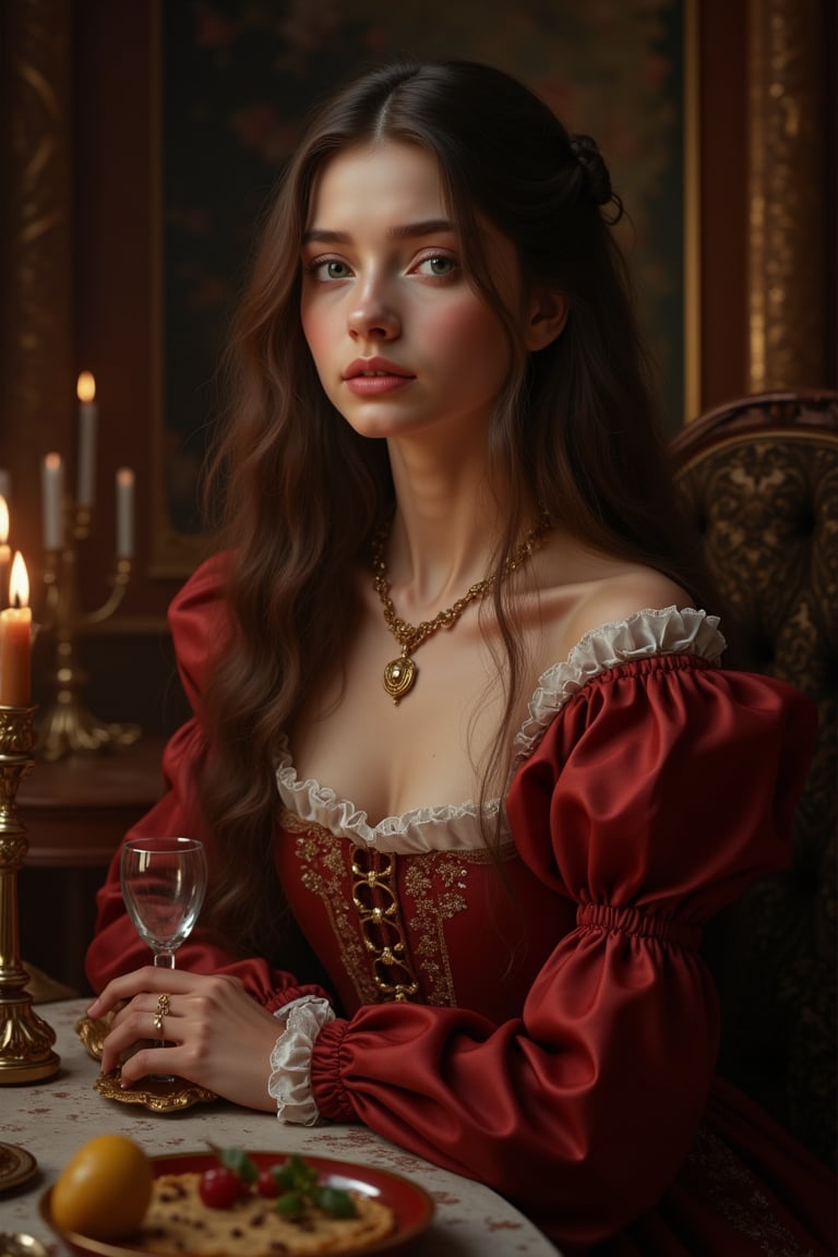 Young countess sits at dinner in a crowded dinning room in 1600's france, high fashion, atmosphere, ultra realistic HD,  / Hyperrealistic sexy ,full body, long  hair, ultra detail blue eyes, beautiful face, An extremely high-resolution hyperrealistic portrait of a girl, pushing the boundaries of realism with fine textures and lifelike details.
,vintagepaper,text as "",v0ng44g,more detail XL,Brandon Woelfel, ,Jia Lissa