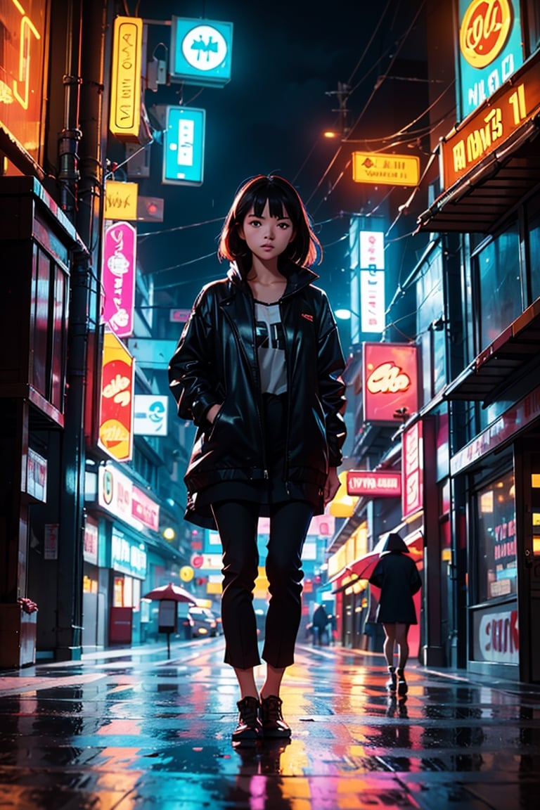 analog style| photograph of woman standing alone in the rain silhouetted by neon lights | Cyberpunk | Night City | Canon E...