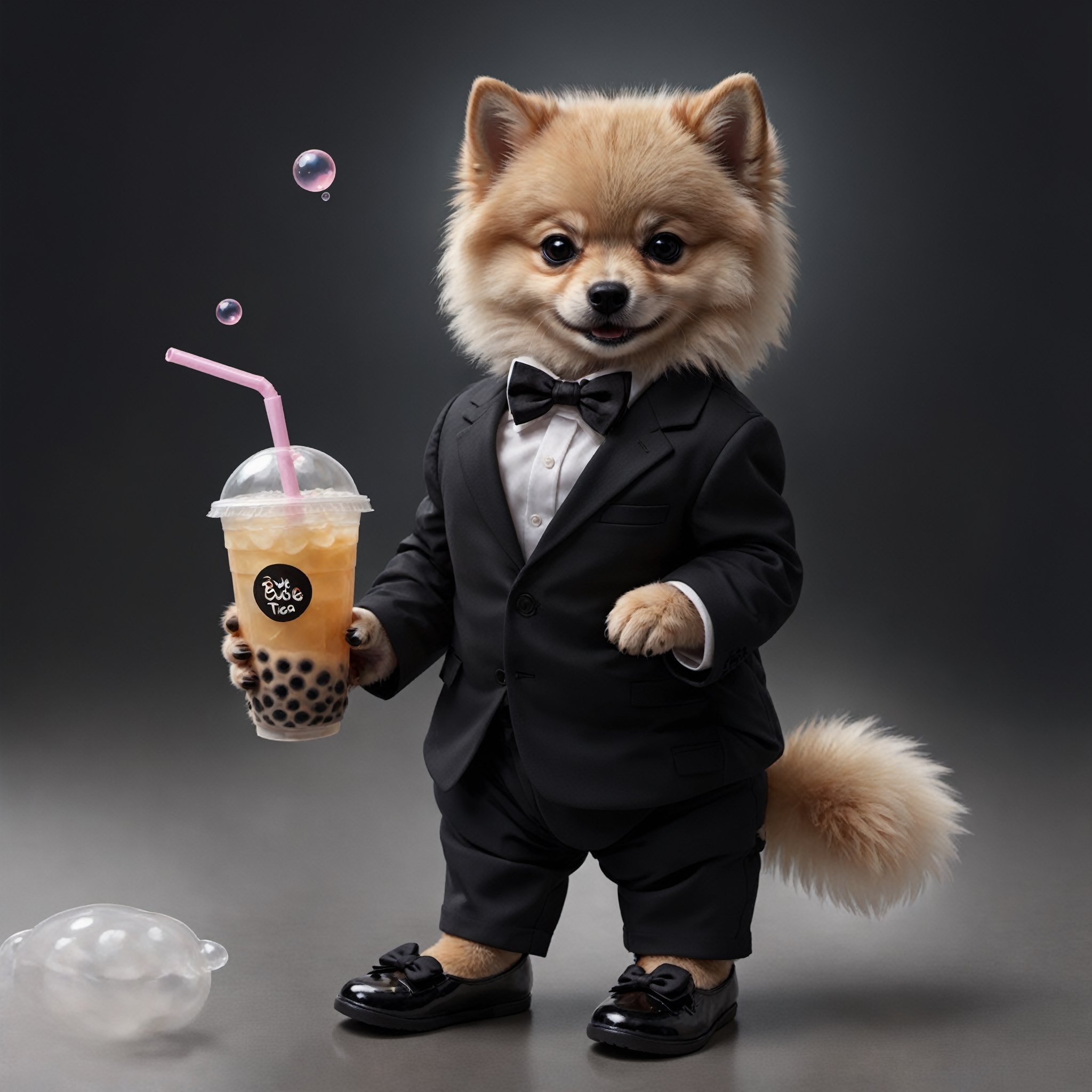 Masterpiece, high quality, A little baby pomeranian in black suit, cute baby face, white shirt, black pant, Black bow , black shoes, animal hand,animal feet, detail round head, holding a bubble tea pack, solid color background,Enhance,Retouch all bugs,Modern