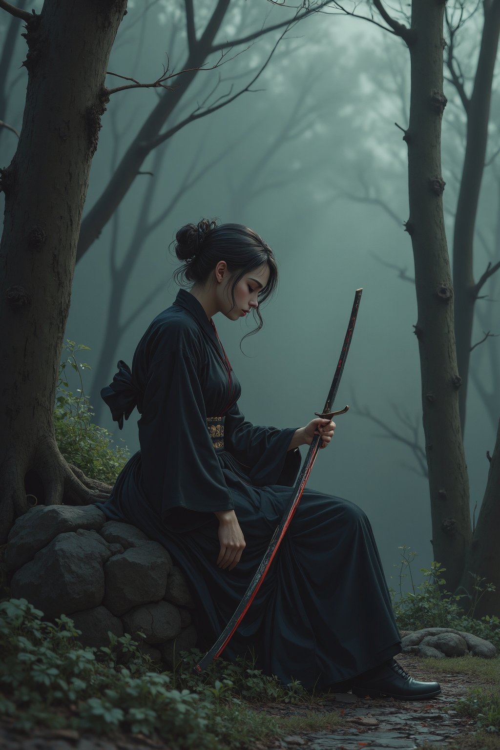 (ethereal dark fairy tale by Nicola Samori, JC Leyendecker), young anime girl sitting in a dark forest holding a bloody katana with the tip pointing up, dark kimono, (dark + gothic, + foreboding background:1.4), more detail XL