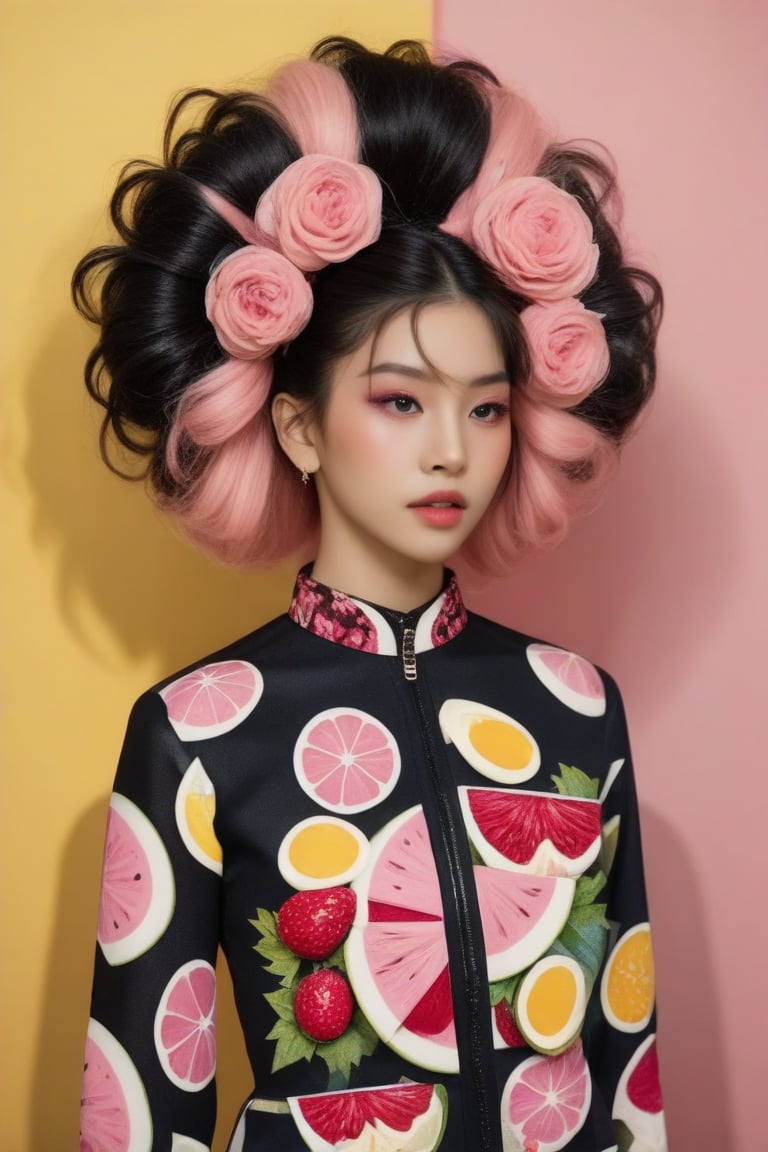 A girl has an elaborate hairstyle with a mix of black and pink tones, which could suggest a creative or rebellious personality. The presence of the colorful background may indicate a sense of vibrancy or action associated with the character. She wears an food inspiration outfit. The overall composition and style are indicative of a narrative-driven genre such as comics or graphic novels.,Pho