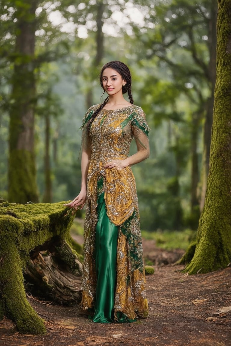 In the image, there is a woman who appears to be posing for a photograph in a forest setting. She is wearing a green dress with a braided hairstyle. The forest setting is characterized by tall trees with moss on their trunks and sunlight filtering through the foliage, creating a dappled light effect on the ground and her figure. The woman's pose and attire suggest a theme of natural beauty and elegance.