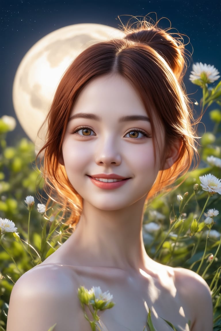 (1girl, smile, face focus, bun hair, perfect face, medium shot, gracefully, golden petals and green flowers form intricate patterns against the backdrop of the moon, reminiscent of the styles of South Korean Super Star), Detailed texture, High quality, High resolution, High precision, Realism, Color correction, Proper lighting settings, Harmonious composition, Behance Works,detail-rendering,Realistic Enhance,redhead. The warm, golden light casts a flattering glow on her porcelain skin, while the subtle bokeh of out-of-focus flowers creates a dreamy atmosphere.