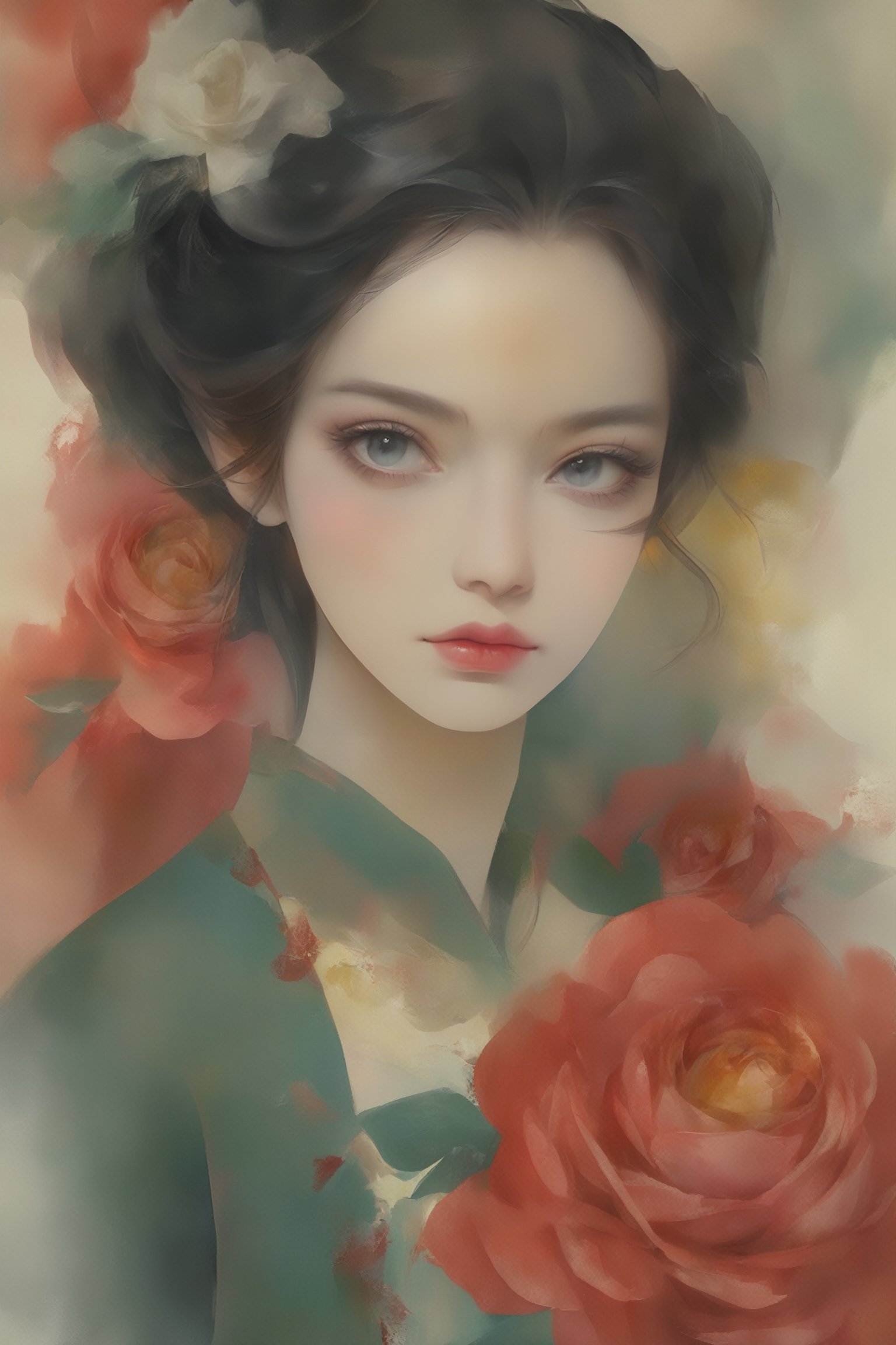 Create a modern-styled sketch portrait in silk textured old paper of a gentle lady inspired by roses and love, utilizing the vibrant color palettes and sleek lines reminiscent of the works by Chinese contemporary artist Zhang Xiaogang, background is full of roses abstract and bloody illustrations abstracts,chinese_painting,Vietgirl