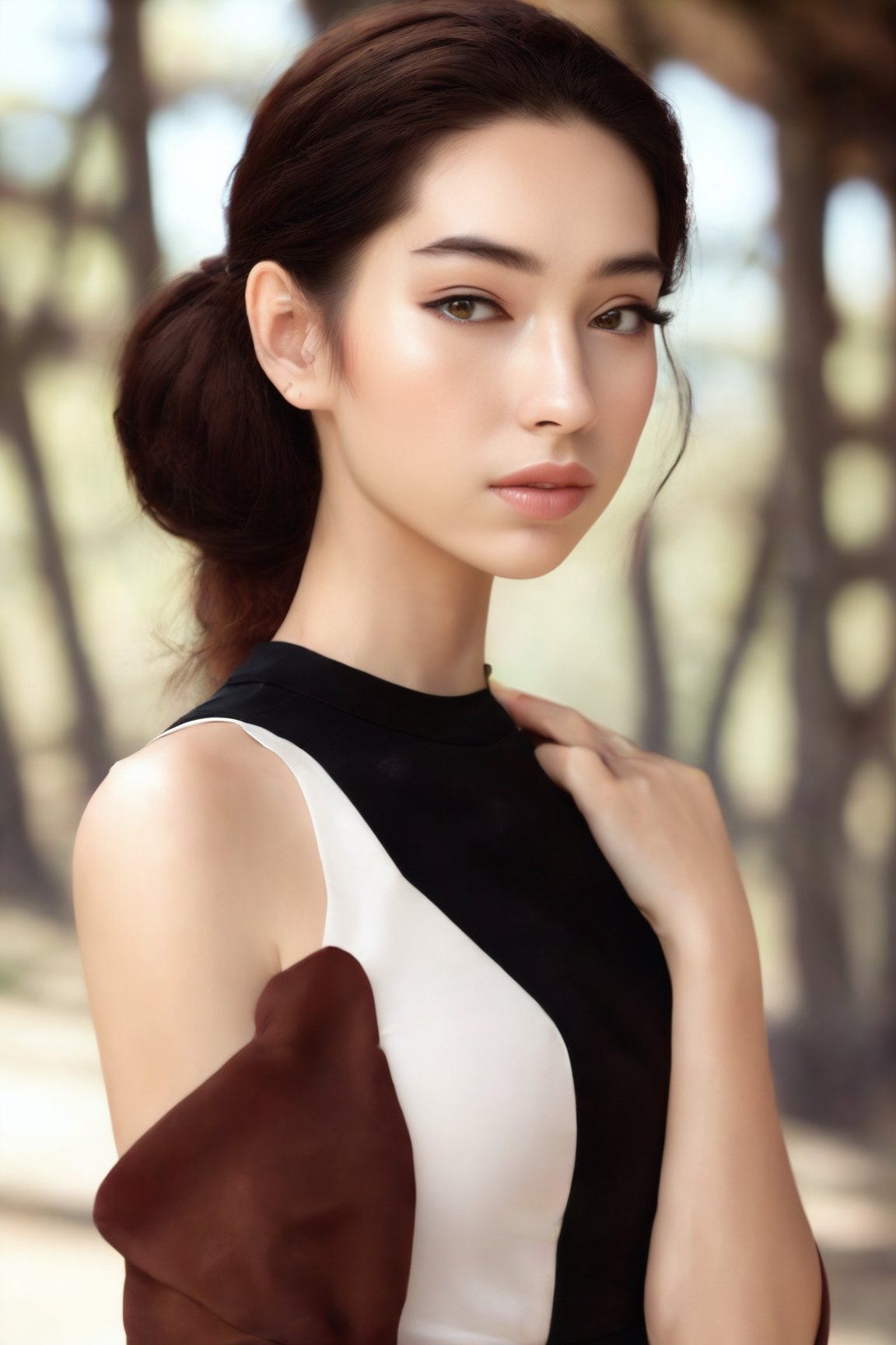 1girl, solo, looking at viewer, brown hair, black hair, dress, brown eyes, upper body, multicolored hair, sleeveless, hair bun, black dress, lips, freckles, super white and smooth detail skin, ready tu fuck, realistic,Daughter of Dragon,Perfect skin,Vietgirl