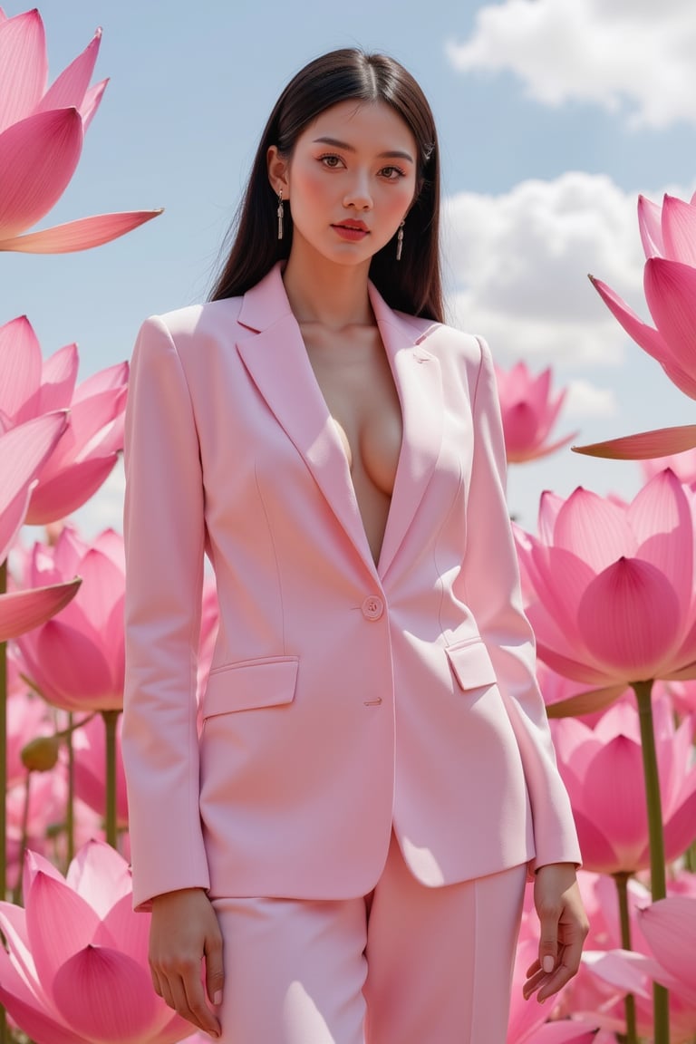 A statuesque figure stands tall amidst a serene backdrop of pink lotuses, bathed in soft, cool-toned light that highlights vibrant hues and tactile textures. Confidently posed with sharp lines and defined curves, the subject exudes perfection, its high-definition skin texture seemingly within reach. The isometric composition guides the viewer's gaze to trendy fashion elements harmoniously aligned, frozen in a moment of artful stillness.,Art. Effects: HDR, rich colors enhanced 