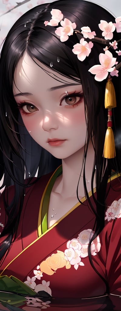 Imagine a beautiful chinese concubine with long black hair resembling steam in water walking near a blossoming cherrytree...
