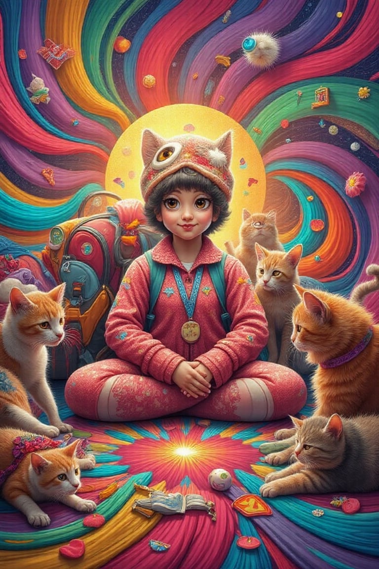 A whimsical scene unfolds: a petite girl with big eyes and cat ears beams warmly, surrounded by a medley of felines. She sits cross-legged on the floor amidst a colorful explosion of scattered items from her overflowing rucksack. A cozy outfit adorned with sparkles and ribbons complements her joyful aura. Mixed media colors dance across the scene: vibrant hues blend in a swirling vortex, as if ready to transport her into an adventure.