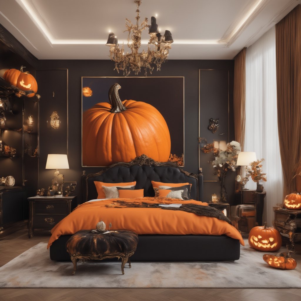 a breathtakingly elegant and luxurious bedroom scene with a modern twist, set against the backdrop of a majestic black and orange hued pumpkin. Amidst the lavish decor, sleek modern equipment glints in the soft light, while Halloween decorations subtly add an air of whimsy. A stunning masterpiece awaits, where every detail is meticulously retouched for XL-level clarity,halloween architecture