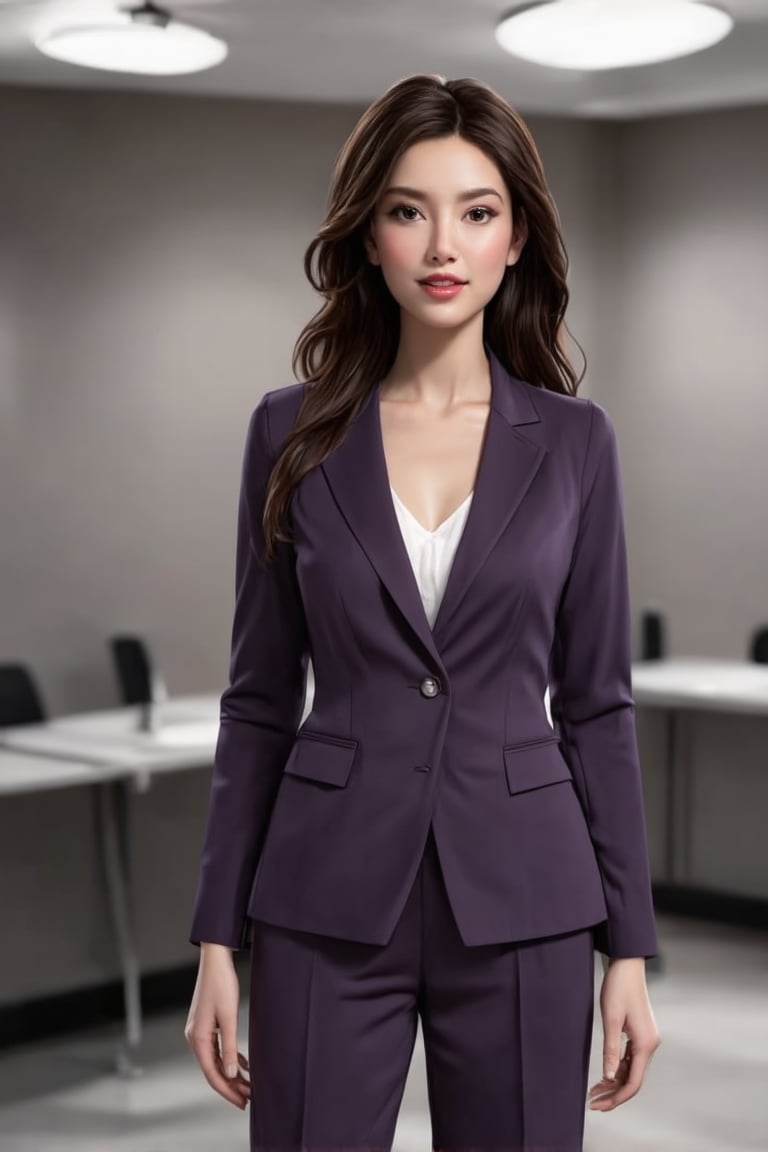 The image depicts a woman standing in an indoor setting that resembles an office environment. She is dressed in a purple business suit consisting of a blazer and matching trousers, which are tight-fitting and complement her slender figure. The blazer has a V-neckline and a single visible button closure. Her long hair is styled down, and she appears to be wearing makeup that accentuates her features. The background is neutral with a grey floor, and there's a hint of a white ceiling with lighting fixtures above. There is no discernible context or background story provided within the image itself.,Realistic Enhance,pixar style