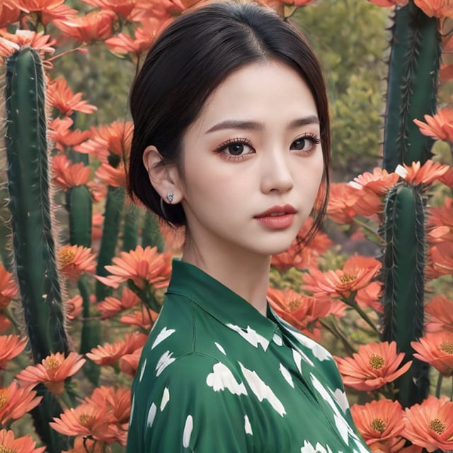 The portrait shows a woman wearing a green dress adorned with cactus-shaped patterns. She is surrounded by a collection of various cacti, some of which have bloomed with flowers. One cactus in particular has grown in the shape of her face, creating a humorous visual pun. The woman is in the center of the portrait, with her cactus collection surrounding her. The face-shaped cactus is placed next to her head, creating a visual connection between the two. The variety of cacti shapes and sizes creates a visually interesting scene, while the color palette of greens and earth tones ties everything together.,Fashionista ,NDP,Enhance,Perfect Anything,Young beauty spirit 