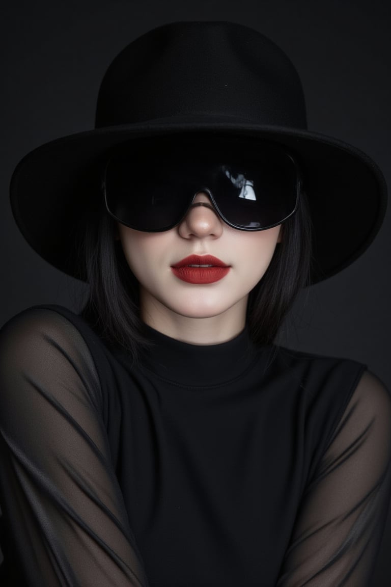 Black and white portrait of a beautiful woman wearing a black hat covering her face, only her red lips are visible, zaya