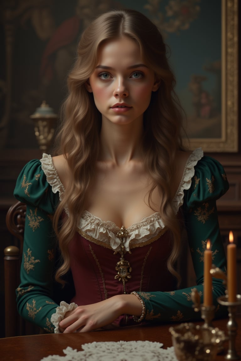 Young countess sits at dinner in a crowded dinning room in 1600's france, high fashion, atmosphere, ultra realistic HD,  / Hyperrealistic sexy ,full body, long  hair, ultra detail blue eyes, beautiful face, An extremely high-resolution hyperrealistic portrait of a girl, pushing the boundaries of realism with fine textures and lifelike details.
,vintagepaper,text as "",v0ng44g,more detail XL,Brandon Woelfel, ,Jia Lissa