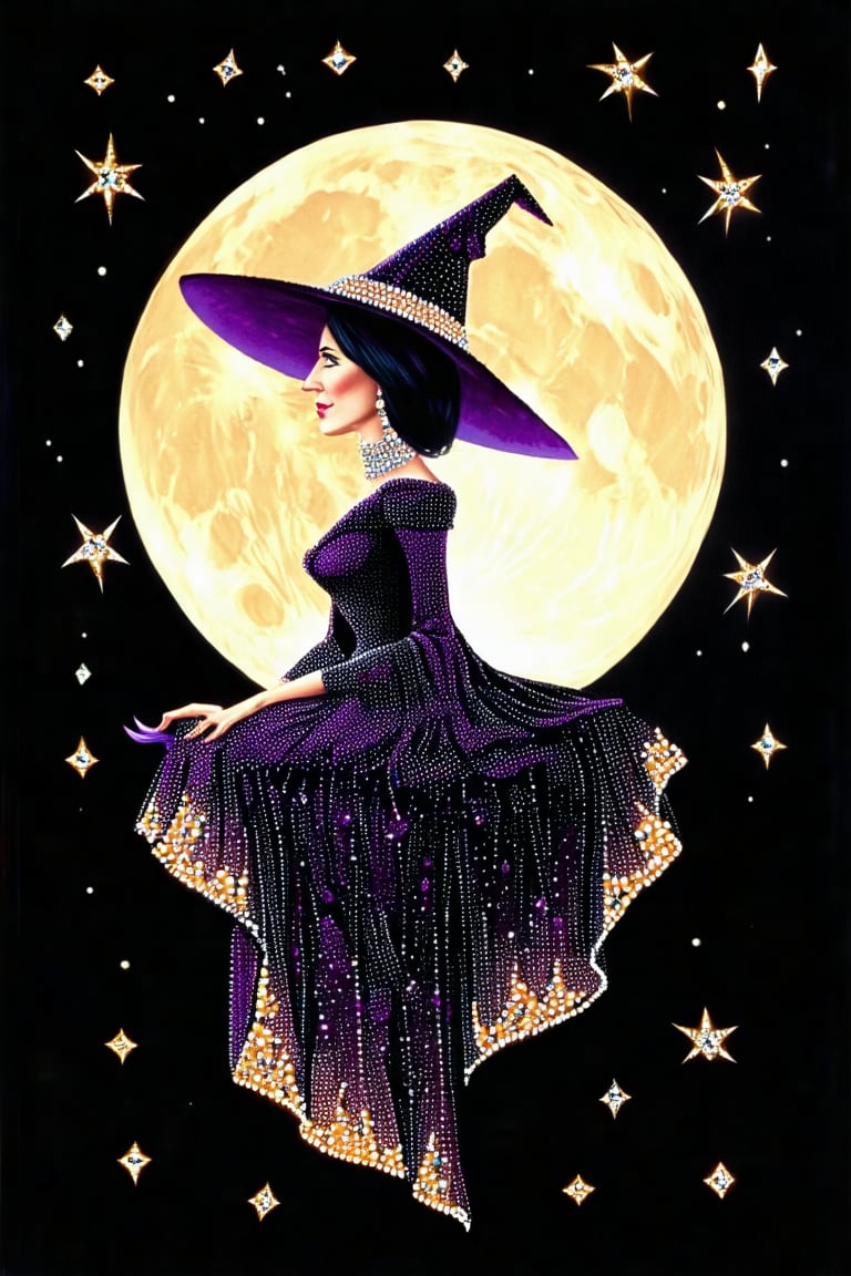 A majestic witch sits regally on a radiant crescent moon, set against a velvety black sky studded with diamonds. Her ethereal beauty is illuminated by the soft glow of nearby stars, casting an otherworldly ambiance. The artwork is executed in exquisite gouache detail, reminiscent of Hieronymous Bosch's and Klimt's finest works.