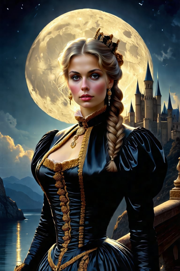 Elegantism, opulent scene, full portrait of a Victorian lady, heroic, black clothes, gold trim, full moon, castle, head and shoulders portrait, 8k resolution. (masterpiece, top quality, best quality, official art, beautiful and aesthetic:1.2), (1girl:1.4), upper body, blonde hair, portrait, extreme detailed, in the style of esao andrews