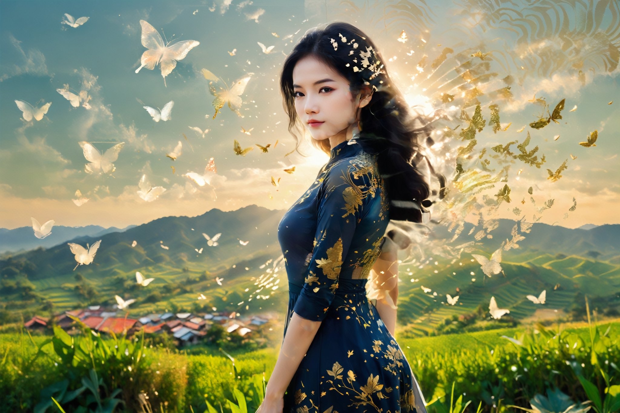 a photograph of a double exposure of a young white skin Vietnamese woman standing in front of a countryside skyline, her silhouette filled with the intricate details of digital illustrations. The Vietnamese symbols matched her dress, transforming her into a patriot goddess with the concrete jungle at her command.,Replay1988,Melody,Perfect skin,Wonder of Beauty,Slender body,Retouch all bugs