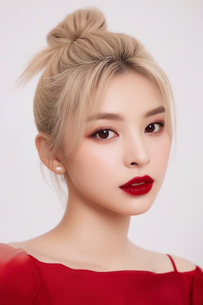 ((masterpiece, best quality, absurdities, (absurdresolution), high resolution, ultra detailed, high resolution, very fine 8KCG wallpapers)), shaded, crimson, wet lips, sensual face, realistic retinas, straight hair, bun hair , blonde,Asian Best Face Ever